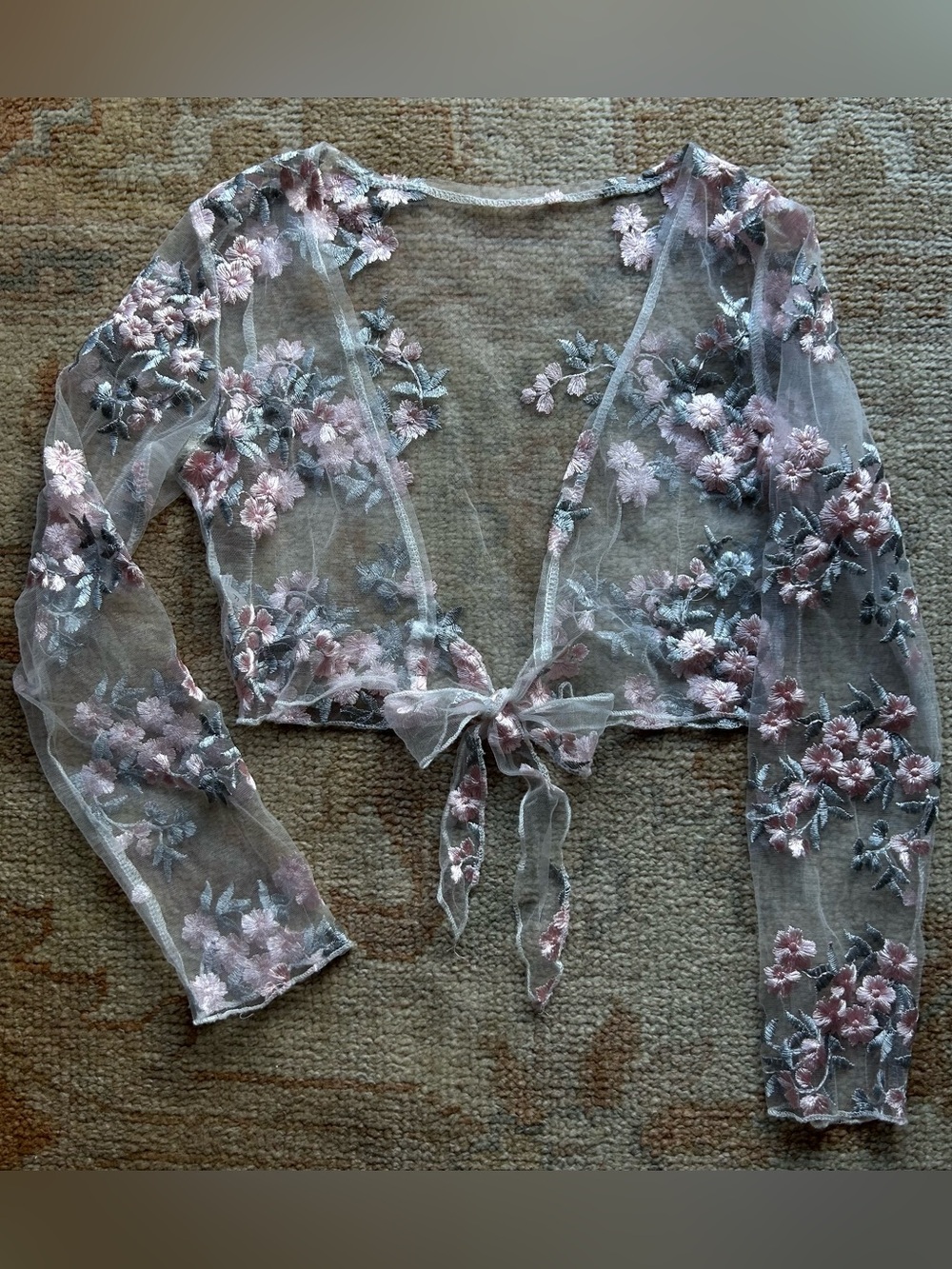 Fairycore Coquette Dollcore Sheer White Bolero Top Size S Pink Floral Embroidery